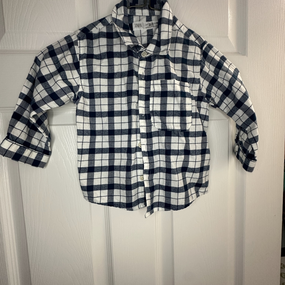 Zara Kids Navy and White Plaid Button Down Shirt